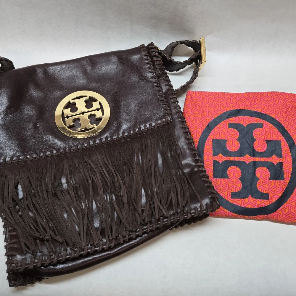 Tory Burch Leather Fringe Messenger Chocolate Brown Bag